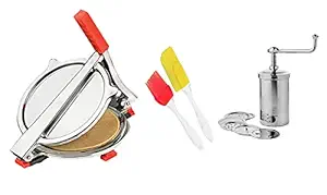 Vessel Crew Combo of Stainless Steel Puri/Roti Maker Press, Steel Sev/Namkeen Maker and Silicone Spetula & Oil Brush