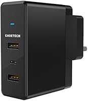 USB Type C Charger, CHOETECH 39W 3-Port Wall Charger with USB C Port for iPad Pro, LG G5, Nexus 6P/5X, Lumia 950XL &Dual USB Ports with Auto Detect Tech for S7 Edge, S6, Note 5, iPhone 7, 7Plus and More