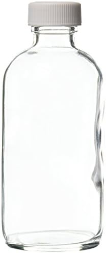 JG Finneran 9-172-2 Clear Borosilicate Glass Precleaned Boston Round Bottle with White Polypropylene Closure and 0.015" PTFE Lined, 22-400mm Cap Size, 125mL Capacity (Pack of 24)
