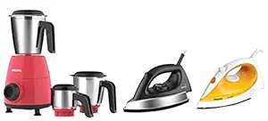 Philips GC181 Heavy Weight 1000-Watt Dry Iron & 2 500W Mixer Grinder, Red & 200-Watt Steam Iron (Color May Vary)