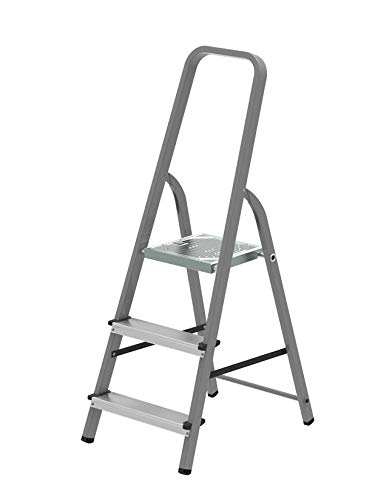 Preisvergleich Produktbild BRIKS ALU Leiter BR1003, 2 Stufen + Treppenabsatz, Haushaltsleiter, Rutschfeste, Stehleiter, Klappleiter, belastbar bis 150 kg, Silber