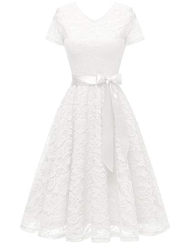 Bridesmay Robe Dentelle Femme Chic Printemps Eté Vintage Robe de soirée de Cocktail Robe de Demoiselle d'honneur Pin up Col en V Manches Courtes White 3XL