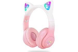 LAIBUY Bluetooth Kopfhörer Kinder, Kabellos Kinder Kopfhörer mit LED-licht Katzenohren und Mikrofon,HD Stereo Sound Faltbare Mädchen Kopfhörer für PC/Telefon/Lernen/Reisen, STN-28PRO