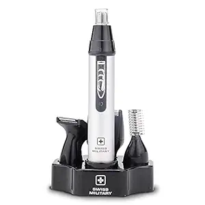 Swiss Military 4 in 1 Unisex Compact Travel Grooming Kit for Beard, Eyebrow, Nose & Ear, Rechargeable Base for Charging and Storage, Water Resistant Detachable Stainless Steel Blades, 40 minutes Run Time, 2 Years Warranty SHV-7 (Black, Silver)