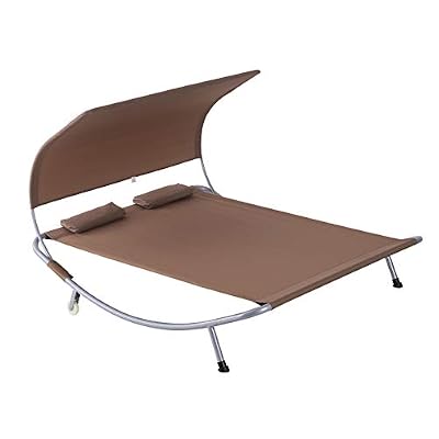 Outsunny Bain de Soleil 2 Places lit de Jardin Design Contemporain Toit réglable 2 roulettes 2 oreillers Acier époxy Polyester Marron foncé