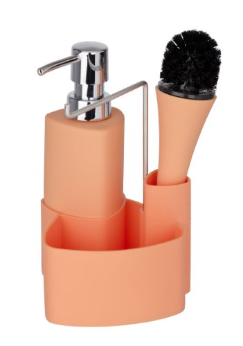 WENKO 3620123100 Spül-Set Empire - Spülmittelspender, Spülbürste, Handtuchhalter, Fassungsvermögen 0.25 L, Soft-Touch Keramik, 11 x 19 x 12.5 cm, Orange