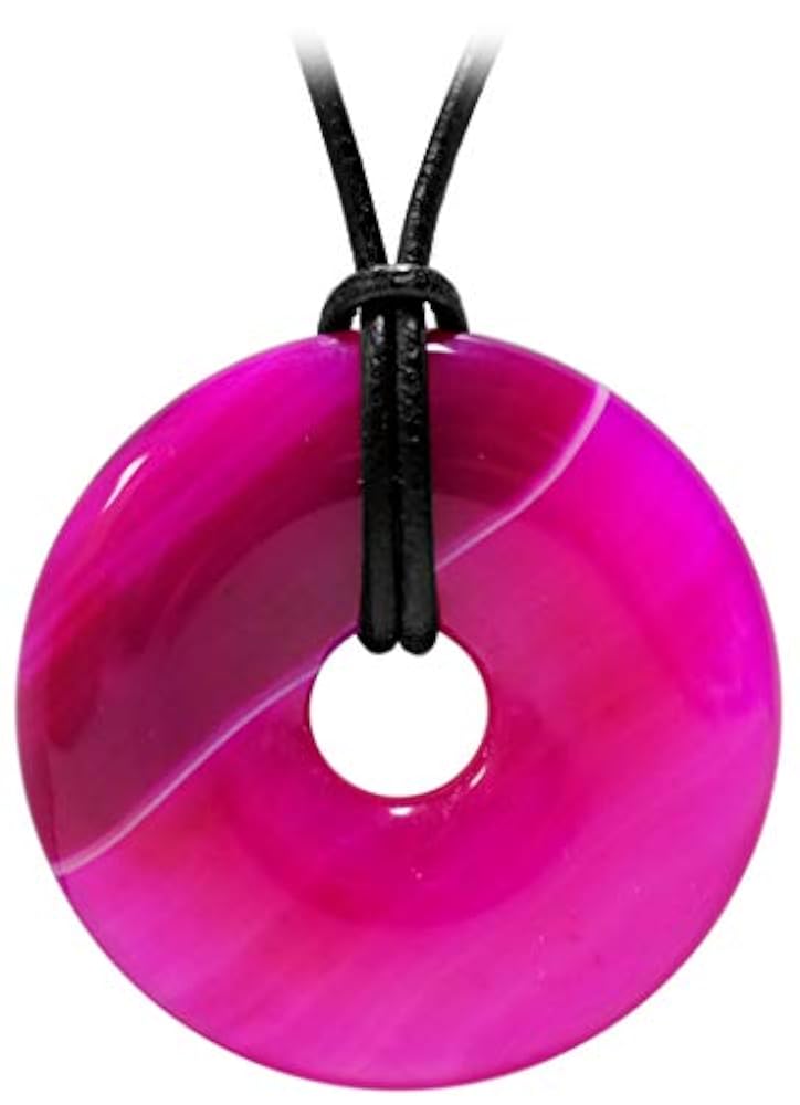 Kaltner Präsente Geschenkidee - Lederkette für Damen und Herren mit Donut Anhänger Edelstein Achat rosa pink (Ø 40 mm)