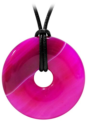 Kaltner Präsente Geschenkidee - Lederkette für Damen und Herren mit Donut Anhänger Edelstein Achat rosa pink (Ø 40 mm)