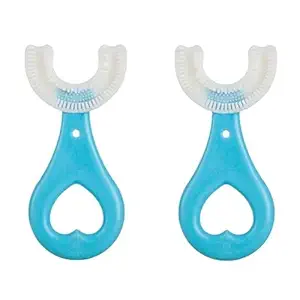 LandVKs U Shaped Toothbrush for Kids Manual Whitening Toothbrush Silicone Brush Head for Kids Children Infant Toothbrush For 2-6 Years Mouth-Cleaning (Blue, Pack of 2)