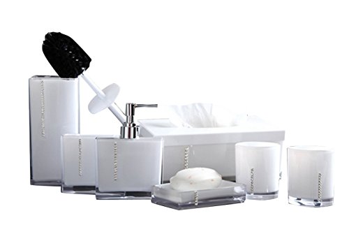 Yiyida Edle mit Strass besetzte WC Bad Set Badset Garnitur SZ 7-teilig Seifenspender Zahnbürstenhalter Zahnputzbecher WC Bürste Gewebekasten Seifenschale aus Acryl ,Weiß