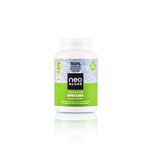 Capsule di Spirulina Neoalgae. Spirulina organica al 100% senza agenti antiagglomeranti. Concentrazione 350 mg per capsula vegetale. 100% adatto per i vegani.