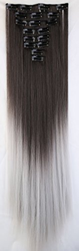 S-noilite 24" Clip in 8Pcs 18 Clips Full Head Two Tone Ombre Straight Hairpiece Hair Extensions Dark Brown to Silver Grey