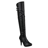  Damen Schuhe Overknees Stiefel Leder-Optik Plateau Boots High Heels 153352 Schwarz Total 36 Flandell