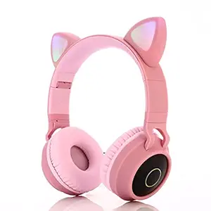 WK LIFE BORN TO LIVE K9 Kids Headphones with Mic for Birthday Gift Girls Boys Cat Ear Bluetooth, Foldable LED Light Up Headphones Over On Ear for Online Learning School Pink