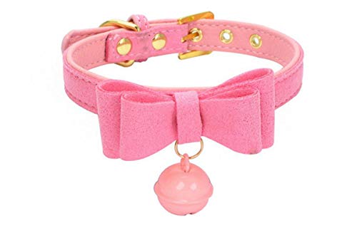 Una Dom DDLG/ABDL Bow Collar Cat Cosplay Kitty Velvet Leather Collar (Pink)