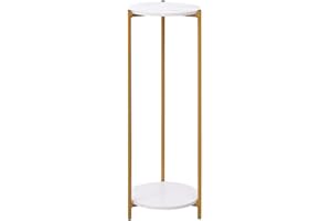 NICEME Tall Table with 2 Tiers, Round End Table Sofa Side Table, 90cm Plant Stand Indoor Plant Holder, with White Marble Texture (White, 30x30x90 cm)