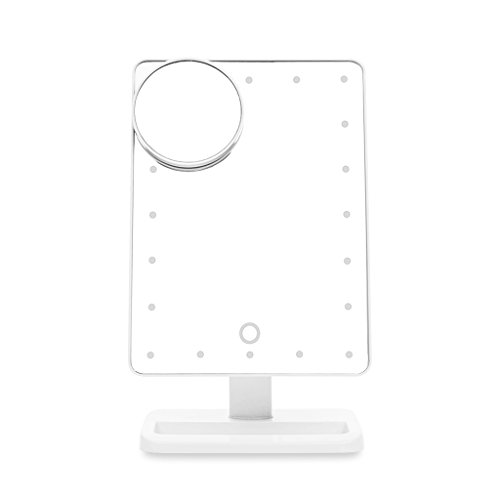 Ovonni L207A LED Touch Screen Kosmetikspiegel mit 10X Lupe 20 LEDs beleuchteter Schminkspiegel Rasierspiegel Dimmbar Batteriebetrieben weiß