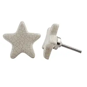 Indian-Shelf Handmade Ceramic Star Wardrobe Knobs Crackle Door Pulls Kid Kitchen Handles(Cream, 2 Inches)-Pack of 2, cream 1 (KID-69-1)