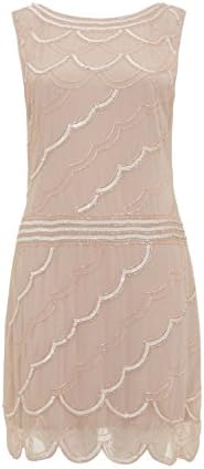 Womens 1920's Flapper Charleston Gatsby Blush Pale Pink Diagonal Scallop Embellished Sequin Beaded Shift Dress (16)