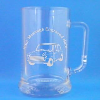1 Pint Glass Tankard With Classic Mini Cooper Design and Engraving