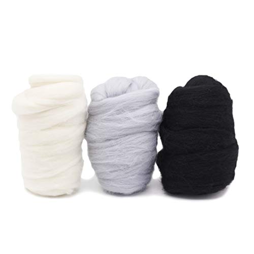 FLORAVOGUE50g*3 Pack Merino Wool Roving Top - Needle Felting Loom Weaving DIY Craft Kit (Black, Gray, White) for Adults