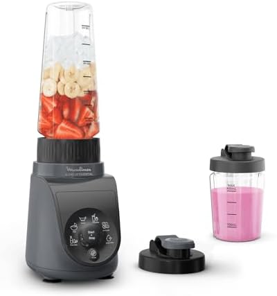 Moulinex Blend Up Essential, Mini Frullatore Salvaspazio, con 6 Programmi Automatici, App e Ricettario Digitale, Pulizia Automatica e Accessori Lavabili in Lavastoviglie, 800W, Grigio Scuro, LM1EHB