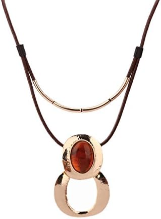 Ladies Necklace Clothes Accessories Fashion Leather Zinc Alloy Ladies Double Layer Pendant Charm Sweater Dress Chain Necklace,CoffeeColor-75cm
