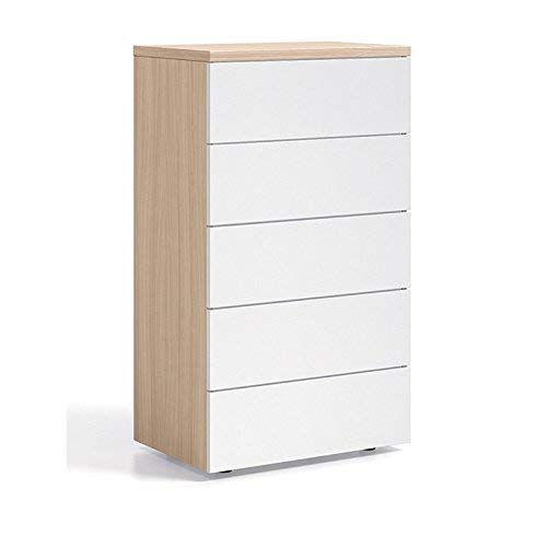 Habitdesign 017821W - Cómoda chifonier con 5 cajones, color Nature y Blanco Brillo, dimensiones 61cm (ancho) x 110cm (alto) x 40cm (fondo)
