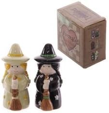 Ceramic Salt and Pepper Cruet Set - Lisa Parker Witches design - hand painted