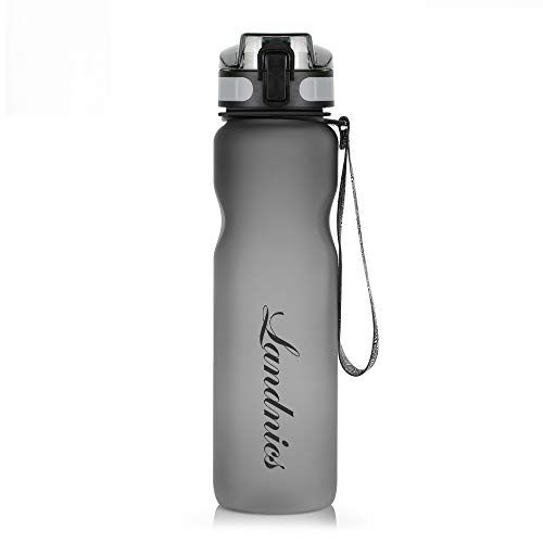 Landnics Sport Bottle Plastic 1L BPA Free Ecologico Portatile Bottiglia D'acqua Ideale per Corsa, Campeggio, Ciclismo, All'aperto e Ufficio,Grey