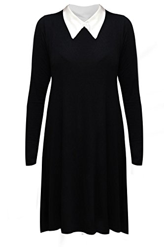 NEW BLACK PETER PAN COLLAR PLAIN LONG SLEEVE JERSEY SWING PARTY DRESS SIZE 8-18 (XXL (16-18))
