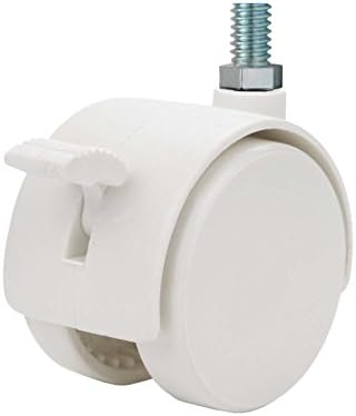 Twin Wheel Caster Solutions TWHN-50N-M31-WH-B 2" Diameter Nylon Wheel Hooded Brake Caster, 10 mm x 15 mm Threaded Stem, 110 lb Capacity Range