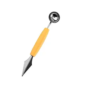Jadebin 2 in 1 Yellow Melon Baller, Stainless Steel Multifunctional Dig Scoop with Fruit Carving Knife, for DIY Fruit Salads, Garnishes and Desserts, Cake,Ice Cream Scooper