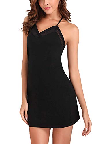MEMORY BABY Camison Mujer Verano Sexy Pijama de Tirantes Vestido de Dormir con Cuello en V(Negro,M)