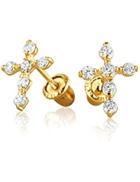 14K Yellow Gold CZ Cross Baby Safety Screwback Stud Earrings