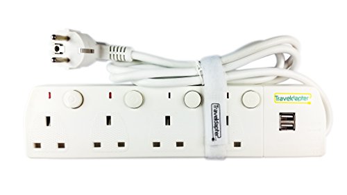 Preisvergleich Produktbild Reisestecker / Reiseadapter DEUTSCHLAND FUERTEVENTURA Multi Verlängerungskabel 2 poliger Typ F schucko vergossene Stecker 4 UK Steckdosen 2 x 2.1 amphere USB Anschlüsse 1,5m CE zertifiziert..