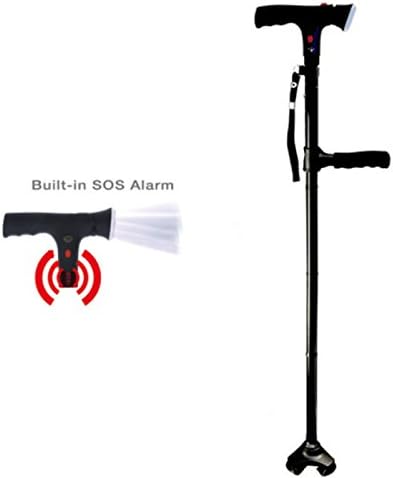 Elderly Multipurpose Folding Cane Aluminum Alert Double Handle Cane Four-legged Lighted Crutch,Black-87-94cm