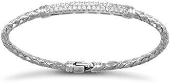 Sterling Silver Thin Woven Bracelet Cubic Zirconia Block