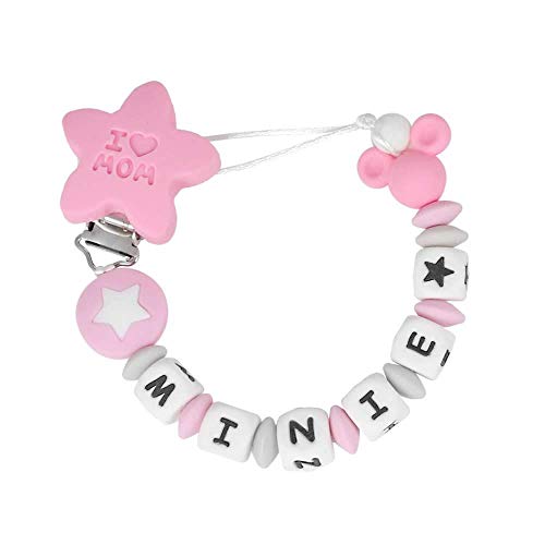 RUBY - Chupetero Personalizado Para Bebe con Nombre Bola Silicona Antibacteria con Pinza Estrella de Acero Inoxidable. 2º unid al 15% de desc. (Rosa Pastel)