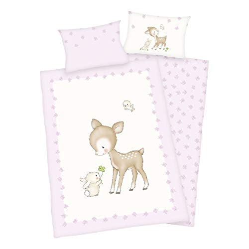 Arle-Living 3 TLG. Parure de lit pour bébé Motif : Reh - Flanelle 100 x 135 cm + 40 x 60 cm + 1 Drap Housse 70 x 140 cm Mit Laken: Rosa