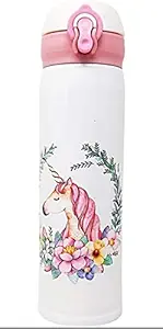 Vikas gift gallery BPA-Free Unicorn Cartoon Printed Stainless Steel Insulated Sipper Water Bottle for Girls /Flask for Kids, School (500 ml, White or Blue and Random Design Pack of 1