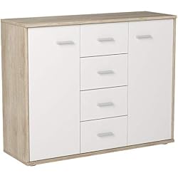 IDIMEX Buffet Elodie, Commode Meuble de Rangement avec 4 tiroirs et 2 Portes, en mélaminé décor chêne Sonoma et Blanc Mat