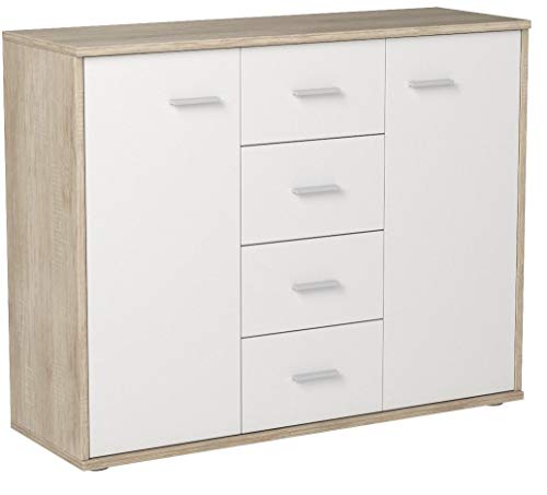 IDIMEX Buffet Elodie, Commode Meuble de Rangement avec 4 tiroirs et 2 Portes, en mélaminé décor chêne Sonoma et Blanc Mat