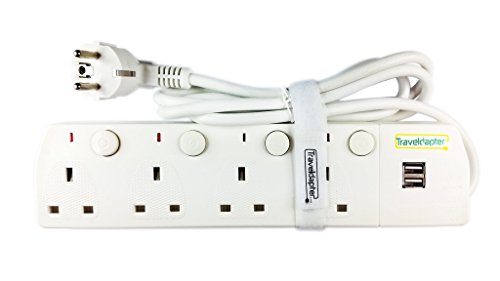 Preisvergleich Produktbild Reise Adapter FUERTEVENTURA Netzsteckerleiste Multi Safe Verlängerungskabel 6 Eingänge Ultrakompaktes Kabel für Urlaub 2-poliger geerdeter Typ F-Stecker 4 Typ G-Buchsen 2 USB-Anschlüsse 1.5 m Weiß