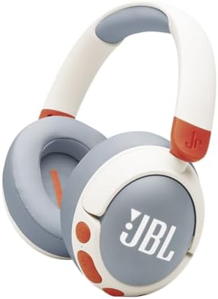 JBL Junior 470 NC Cuffie Over-Ear Bluetooth Wireless per Bambini, con Cancellazione Attiva del Rumore, Microfono Integrato, 50 Ore di Autonomia, JBL Safe Sound, Limitatore Volume, Set Adesivi, Bianco