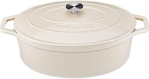 vancasso Cazuela de Hierro Fundido Esmaltado, 37 CM / 8 Litros Ollas de Hierro Fundido Horno Holandés con Tapa Redonda de Acero Inoxidable Apto para Todo Tipo de Estufas- Blanco