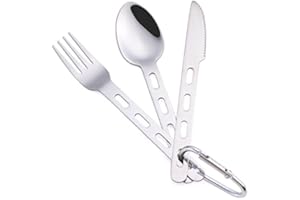 3Pcs Camping Cutlery Set 430 Stainless Steel Flatware Travel Cutlery Set QQ CAT Tableware Kit for Knife, Fork and Spoon Set with Carabiner for Hiking Picnic, Office On-The-Go