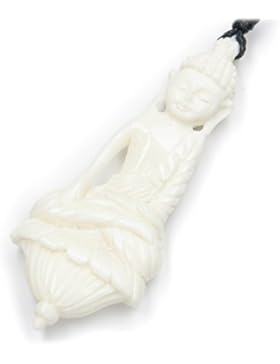 Buddha Anhänger Schmuck aus Knochen, Kette handgearbeitet, inkl. schwarzem Textilband, 5cm lang