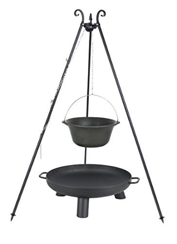 Preisvergleich Produktbild handwerklich massiver Schwenk-Grill, komplett mit Dreibein, Umlenkrolle, Kette, Gulasch-Kessel Gusseisen 11l, standsichere Feuerschale KC1 / 60cm, Holzkohle und Scheite, von gallando®grillboy.