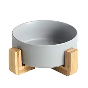Ceramic Round Dog Cat Bowl - Durable Ceramic Food Water Elevated Dish for Pet,with Wood Stand,28 Ounces (Grey)